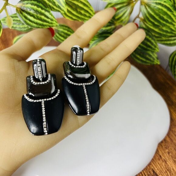 Kara Ross Black Label by Chico’s Huge Black Gunmetal Crystals Clip On Earrings - Picture 2 of 9